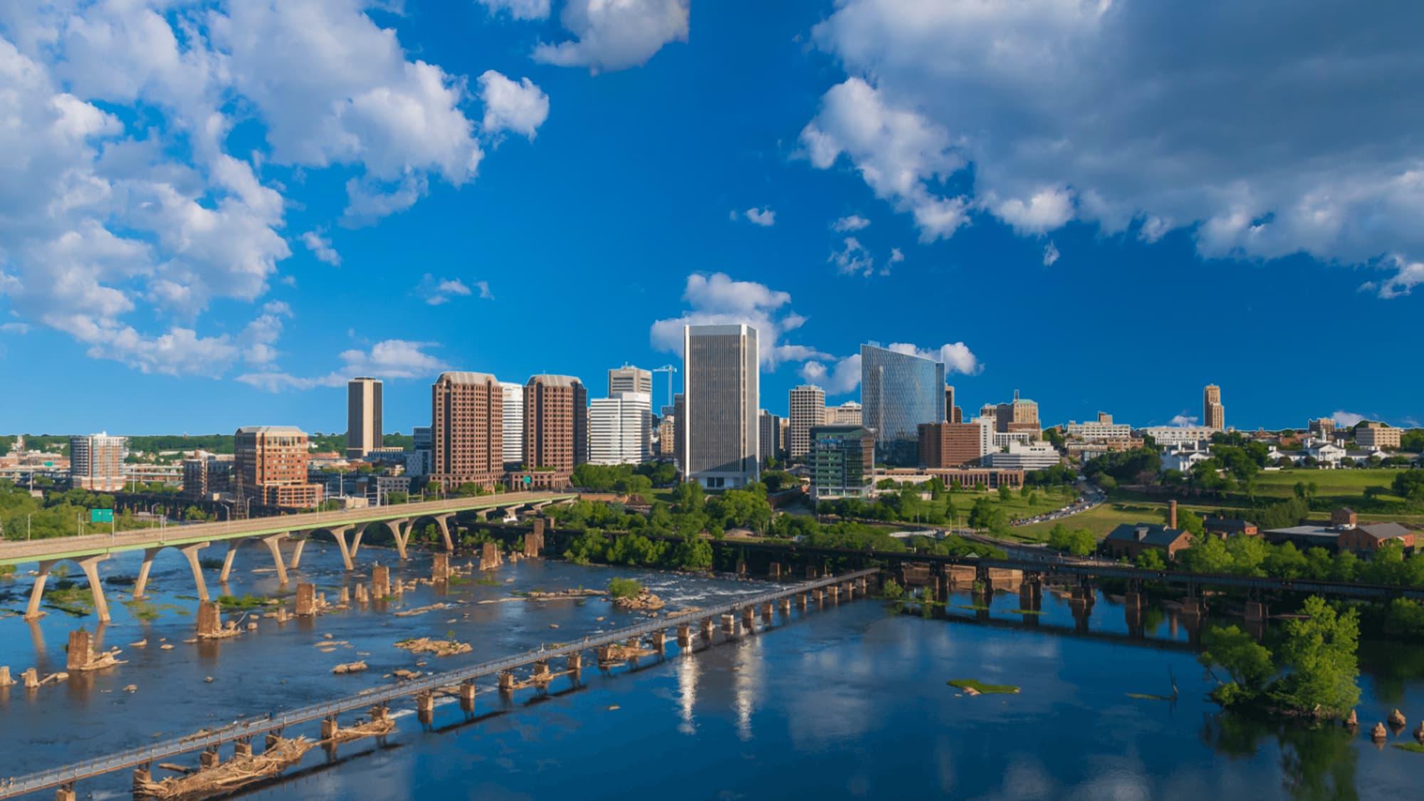 Aerial phtograph of Richmond, Virginia skyline and the James River